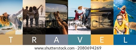 Travel lifestyle header banner concept. Vertical collage of pictures men and women enjoying summer holidays in outdoors. Traveler life of happy people at beach and sea