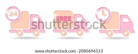 Set of delivery icon. Free Shipping,  24 hour delivery symbol, fast logistic lorry. 3d vector in pink and coral colors isolated on white background.