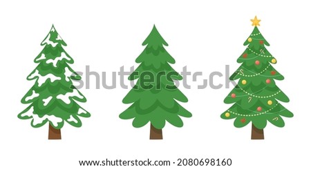 Three different situations of cartoon christmas tree. Fir-tree snow covered, decorated and unadorned. Vector flat illustration