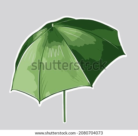 Vector sticker with a white rim featuring green beach umbrella on a gray background