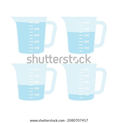Kitchen measuring cups with various amount of liquid. Jug with measuring scale. Beaker for chemical experiments in the laboratory. Vector illustration Royalty-Free Stock Photo #2080707457