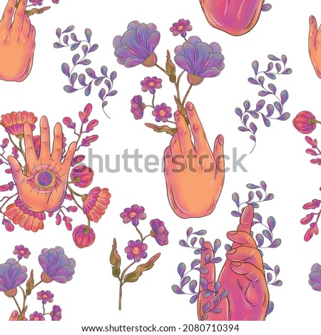 Psychedelic raster seamless pattern. Floral botanical motifs. Illustration with flowers can be used for wallpapers, pattern fills, web page backgrounds,surface textures. Gorgeous floral arrangement