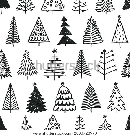 Seamless pattern with hand drawn Christmas tree. Abstract  doodle drawing winter wood. art Holidays illustration
