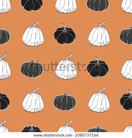 Seamless pattern with hand drawn outline pumpkins. Endless texture with black and white contour squashes on orange background for your design