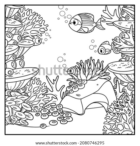 Underwater world with corals grow on sandstones and cartoon fishes outlined for coloring isolated on white background
