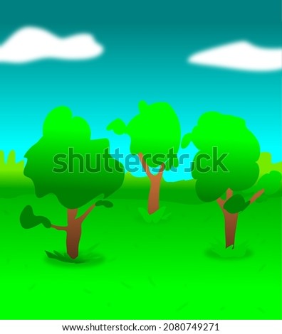 Beautiful serene trees landscape in a park with clouds, sky, hedge and grass. Cartoon vector illustration.