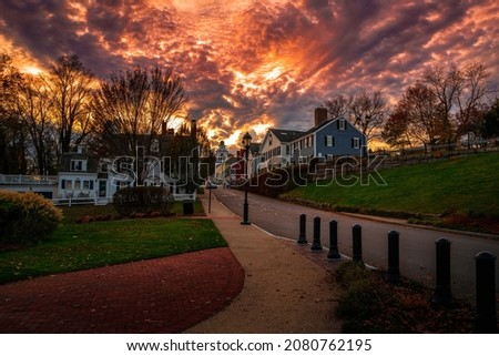 Dramatic twilight landscape over the Plymouth Village Historic District in Massachusetts.