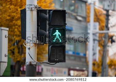 A traffic light with a green pedestrian traffic light on. South Korea.