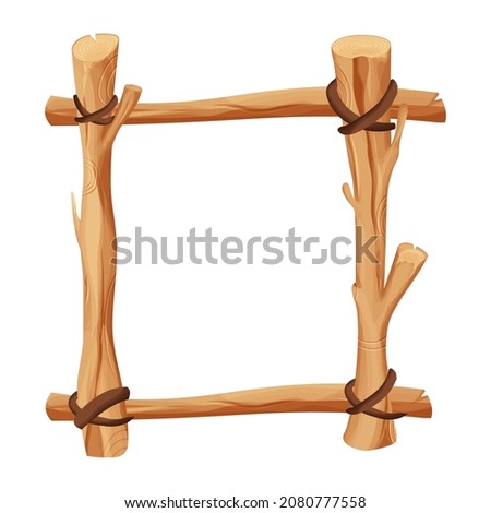 Frame, border from wood branch, sticks and leather rope in comic cartoon style isolated on white background. Tribal, rural clip art. Ui game asset.