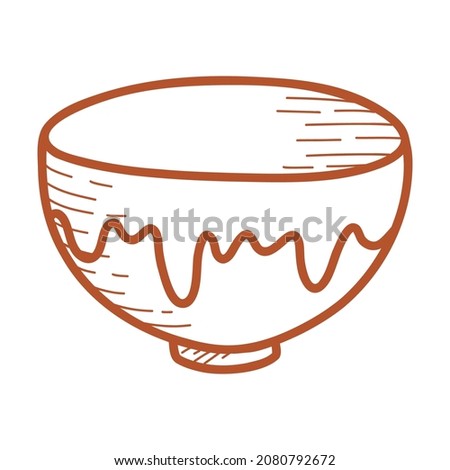 Line Ceramic bowl or deep plate, earthenware dish, handmade clay dishes. Hand drawn vector illustration in doodle style. Isolated element on a white background.