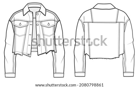 Women long sleeve drop shoulder denim jacket with raw hem front and back view template vector illustration Royalty-Free Stock Photo #2080798861