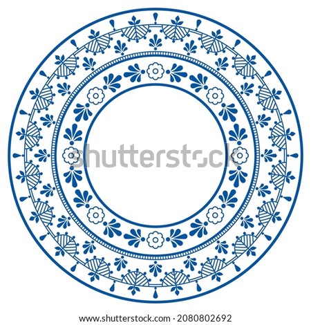 Traditional retro decoration in navy blue on white, repetitive Nordic border in circle. Traditional retro decoration in navy blue on white, repetitive Nordic border in circle

