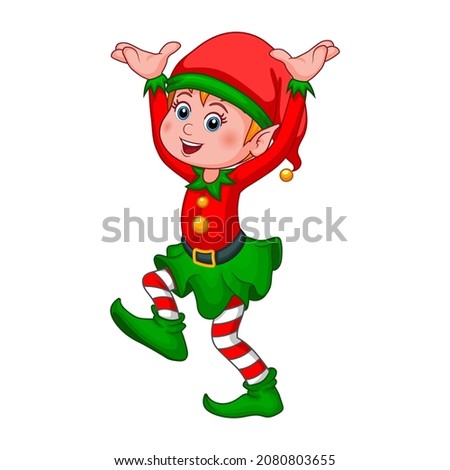 Santa Claus helper elf. Cute cartoon character Christmas elf isolated on white background. Smiling little gnome in costume and cap. Happy New Year and Merry Christmas icon. Vector illustration.