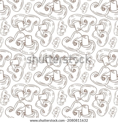 Hand drawn seamless pattern with mushrooms. Graphic vector illustration. Organic vegetarian product.
