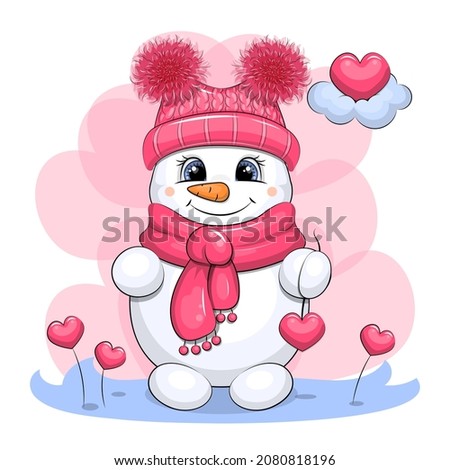Cute cartoon snowman with hat and scarf holding a heart. Vector illustration on a pink background.
