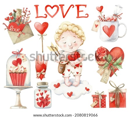Watercolor set of Valentine's Day. Angel, gifts, hearts. Winter holidays. Love.