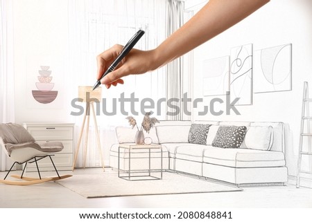 Woman drawing living room interior, closeup. Combination of photo and sketch Royalty-Free Stock Photo #2080848841