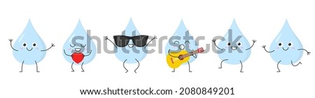 Set water drop greeting jumping loves sings running cute funny character cartoon smile face happy joy emotions icon vector illustration. Royalty-Free Stock Photo #2080849201