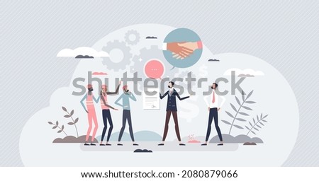 Collective bargaining as contracts arguing using unions tiny person concept. Labor negotiation association and agreement communication to make better salary and rights for employee vector illustration Royalty-Free Stock Photo #2080879066