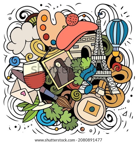 France cartoon vector doodle illustration. Colorful detailed composition with lot of French objects and symbols.