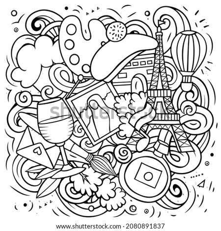 France cartoon vector doodle illustration. Line art detailed composition with lot of French objects and symbols.