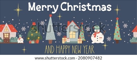 Christmas seamless border on a dark background with the text merry christmas. Banner with text and trees, snowman, house and gifts for festive decor. Vector illustration in flat style.