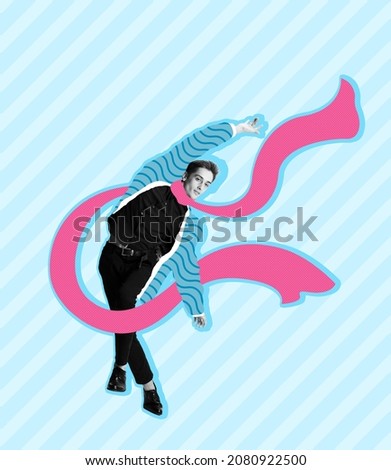 Young stylish man, dancer in warm clothes in cold weather. Illustration with man's bw portrait. Contemporary creative art collage. Inspiration, idea, digital fashion collection and style.