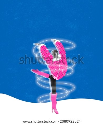 Dancing. Excited girl wearing warm clothes in cold weather. Modern design, contemporary creative art collage. Inspiration, idea, digital fashion collection and style. Copyspace for ad. Winter vibe