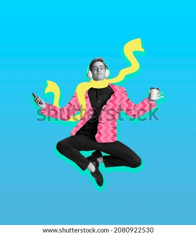 Meditation. Young stylish man, dancer in warm clothes in cold weather. Illustration with man's bw portrait. Contemporary creative art collage. Inspiration, idea, digital fashion collection and style. Royalty-Free Stock Photo #2080922530
