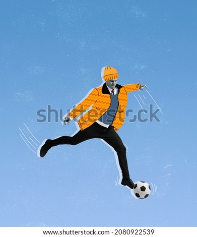 Young man doing sports, palying football. Illustration with man's portrait. Digital fashion collection. Contemporary art collage. Inspiration, idea, travel, leisure activity, sport, health and motion