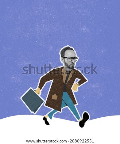 Composition with serious man going to work in cold weather. Illustration with man's bw portrait. Modern, contemporary creative art collage. Inspiration, idea, digital fashion collection and style.