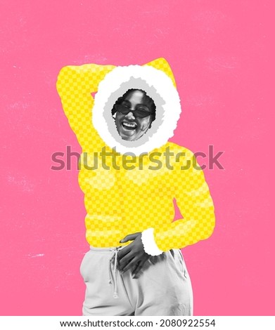 Happy, joyful. Excited girl wearing warm clothes in cold weather. Modern design, contemporary creative art collage. Inspiration, idea, digital fashion collection and style. Copyspace for ad.