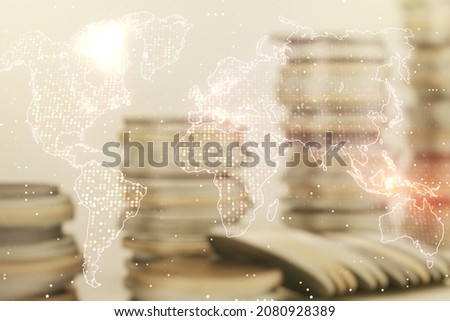 Abstract creative world map interface on stacks of coins background, international trading concept. Multiexposure
