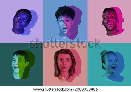 Multi ethnic youth. Set, collage of young male and female faces, heads with colored silhouette, shadow isolated on colored background. Human emotions, split personality, mental problems concept. Royalty-Free Stock Photo #2080933486