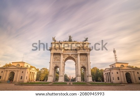 Arco della Pace - Peace Arch in autumn in Milan, Italy. Long Exposure. Royalty-Free Stock Photo #2080945993