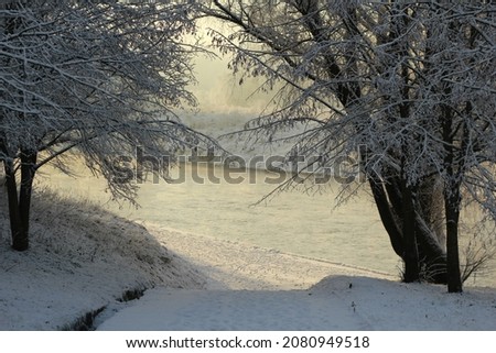 Snowy Nature Winter Background With Trees And River