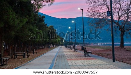 Many street lamp post and cobblestone way with mountain and red color sky background. Translation is "Bursa municipality"