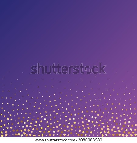 Star Sequin Confetti on Neon Purple Background. Vector Gold Glitter. Falling Particles on Floor. Christmas Party Frame. Isolated Flat Birthday Card. Golden Stars Banner. Voucher Gift Card Template.