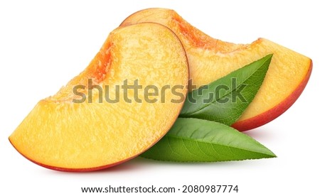 Peach with leaves isolated on white background. Peach Clipping Path. Peach macro studio photo Royalty-Free Stock Photo #2080987774