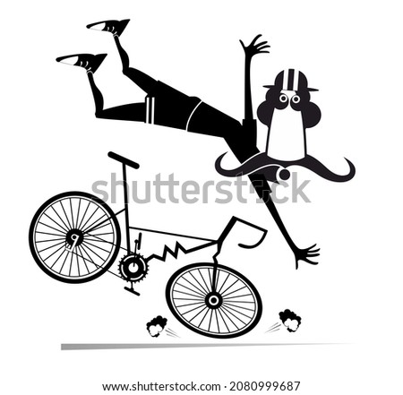 Cyclist falling down from the bicycle isolated illustration. Funny long mustache falling down from the broken bicycle black on white