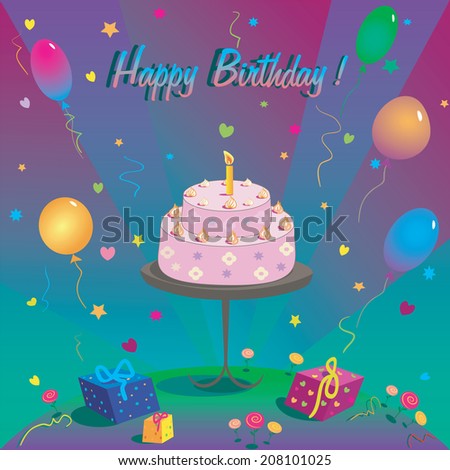 Template for Happy birthday card with place for text. Illustration of cake and balloon