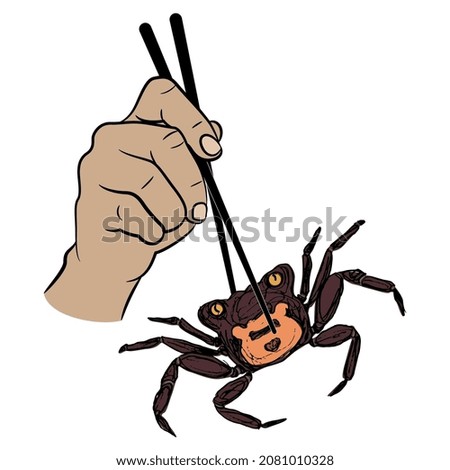 Human hand holding Vampire Crab with chopsticks. Geosesarma Tiomanicum. Creative sea food concept.