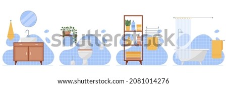 Bathroom and toilet interior design with furniture and bathroom items: cabinet with sink, mirror, towel holder, toilet bowl, bathroom shelf with bottles, bath with screen, blue wall tiles. Royalty-Free Stock Photo #2081014276