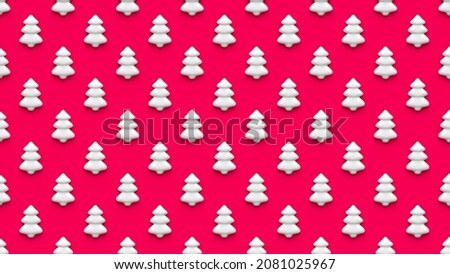 Seamless pattern of white cartoon Christmas trees on colorful red background. Merry Christmas and Happy New Year concept. 3d rendering