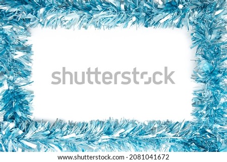 blue tinsel. Tinsel frame on a white background. Blank white template