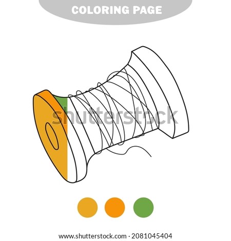 Simple coloring page. Hand drawn vector illustration wooden spool thread, coloring book. Half painted picture with color samples