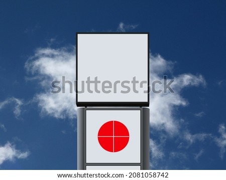 Large blank white outdoor signage and advertising banner under blue sky. empty ad panel. mockup base. place your own ad. empty commercial poster and ad space. lightbox. illustration style design.