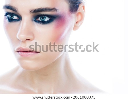 young beauty woman with makeup like shiner on face close up isolated white background, problem teen