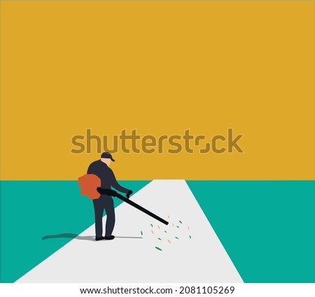 Man using a leaf-blower to clear leaves on a city street in the autumn dry time. Cleaning of the road in the park. Seasonal occupation concept. Vector illustration
