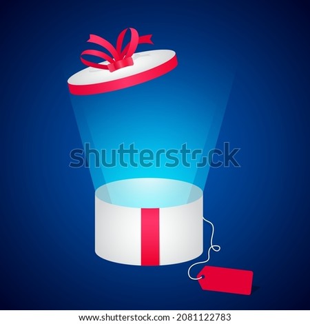 Opened white cylindrical gift box with pink ribbon illustration on isolated background